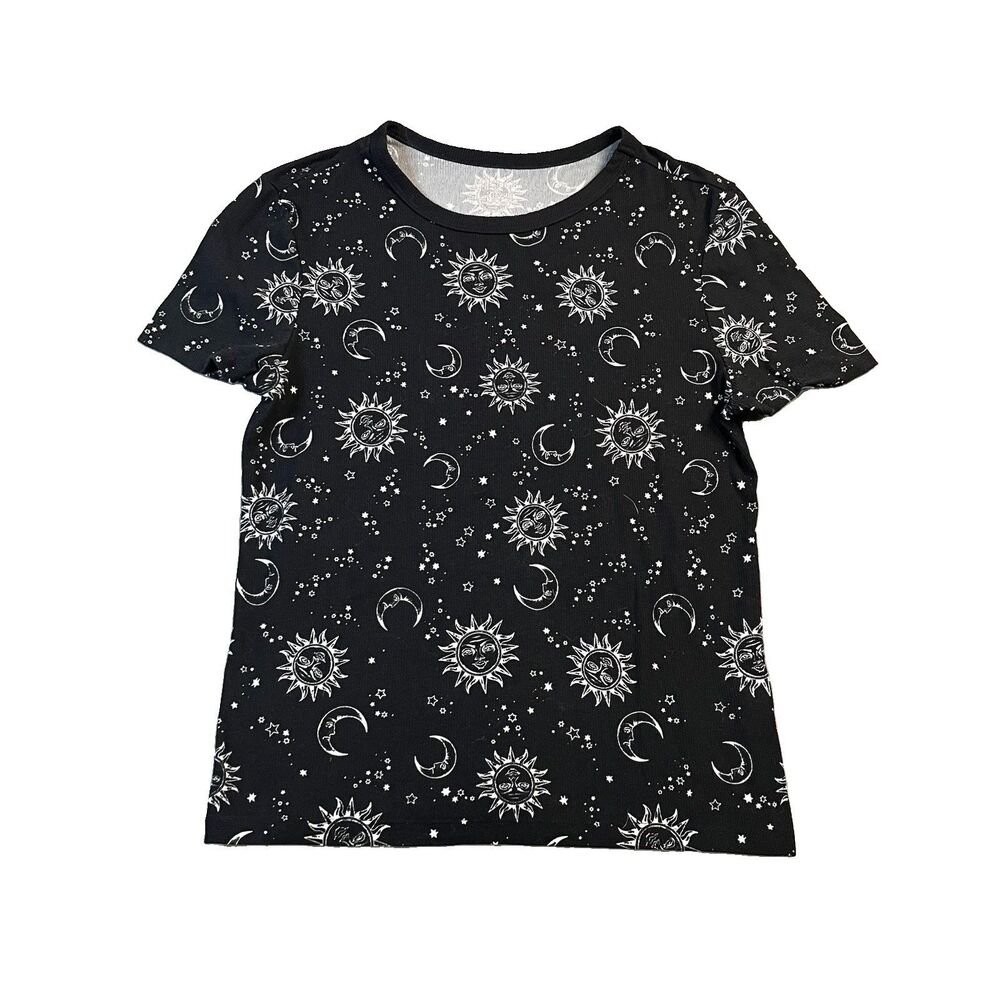No Boundaries Celestial Moon Print Ribbed Short Sleeve Top Juniors Size L 11-13